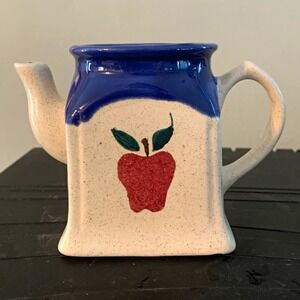 Ceramic Square Tea Pot 12 oz Glossy Pottery Apple Pattern Blue Rim Handle